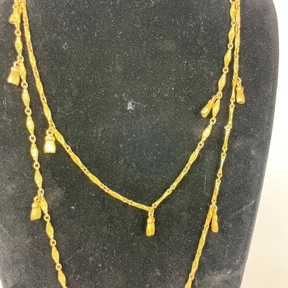 Vintage Monet Textured Gold-Tone Long Dapped Chain Necklace Tassel Charms - Picture 3 of 5